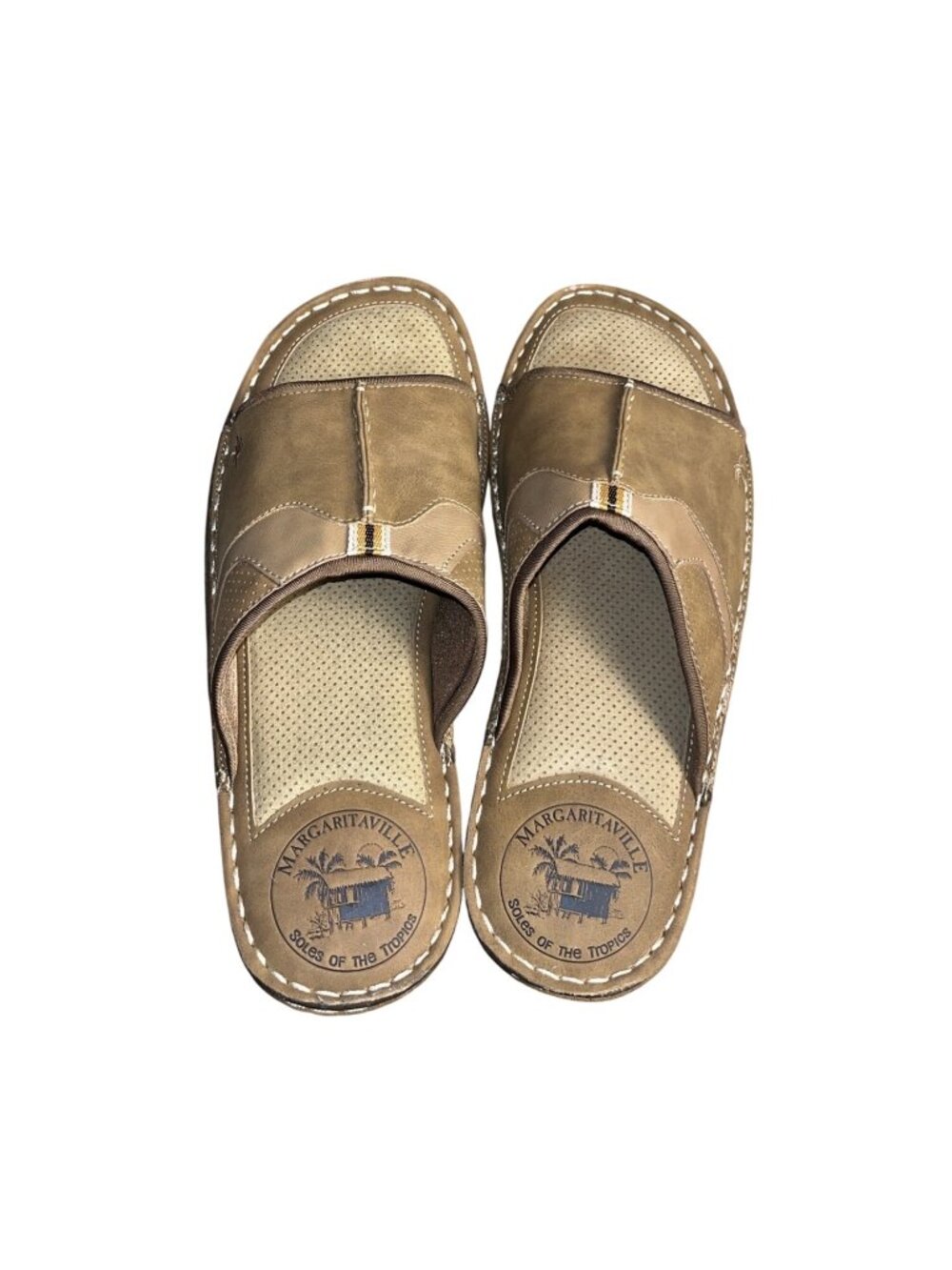 Margaritaville Mens 10 Tan Faux Leather Slide Sandals Comfortable Footbed casual